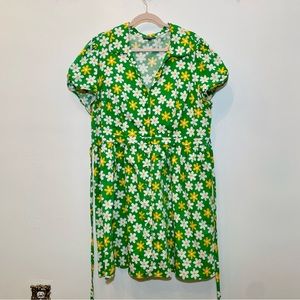 ModCloth Retro Inspired Green Yellow Floral Collared Fit and Flare Tie Waist 2X